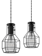 Hanging industrial-style pendant lights with black metal cages and clear bulbs, suitable for home renovations and interior design.